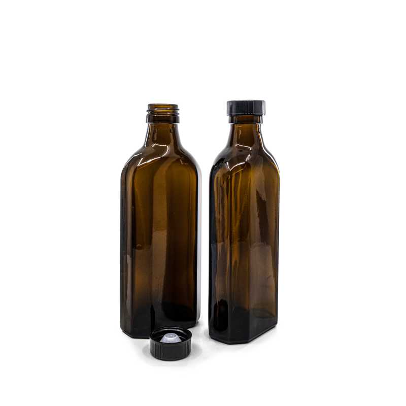 Braune Glasflasche, medizinisch, rechteckig, PP28-Hals, niedriger schwarzer Verschluss, 250 ml