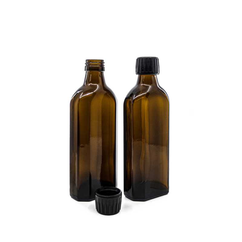 Braune Glasflasche, rechteckig, PP28, schwarzer Verschluss, 250 ml