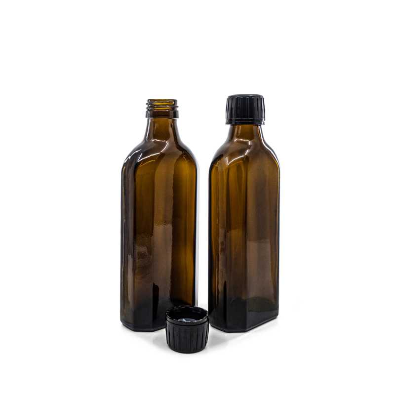 Braune Glasflasche für Medizin, rechteckig, PP28S, schwarzer Verschluss mit Ausgießeinsatz, 250 ml