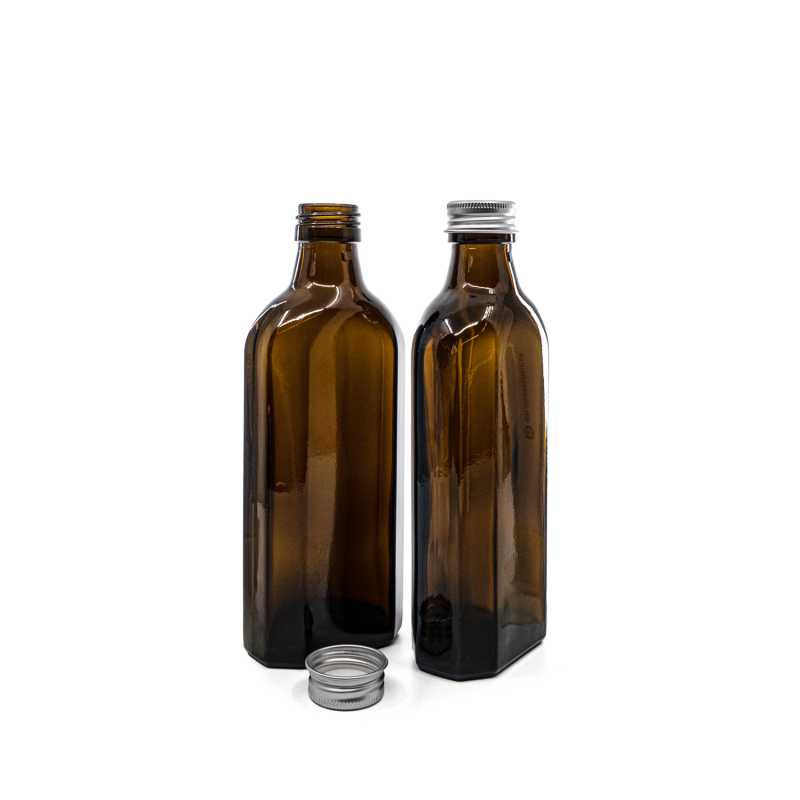 Braune Glasflasche für Medizin, rechteckig, PP28S, silberner Aluminiumverschluss, 250 ml