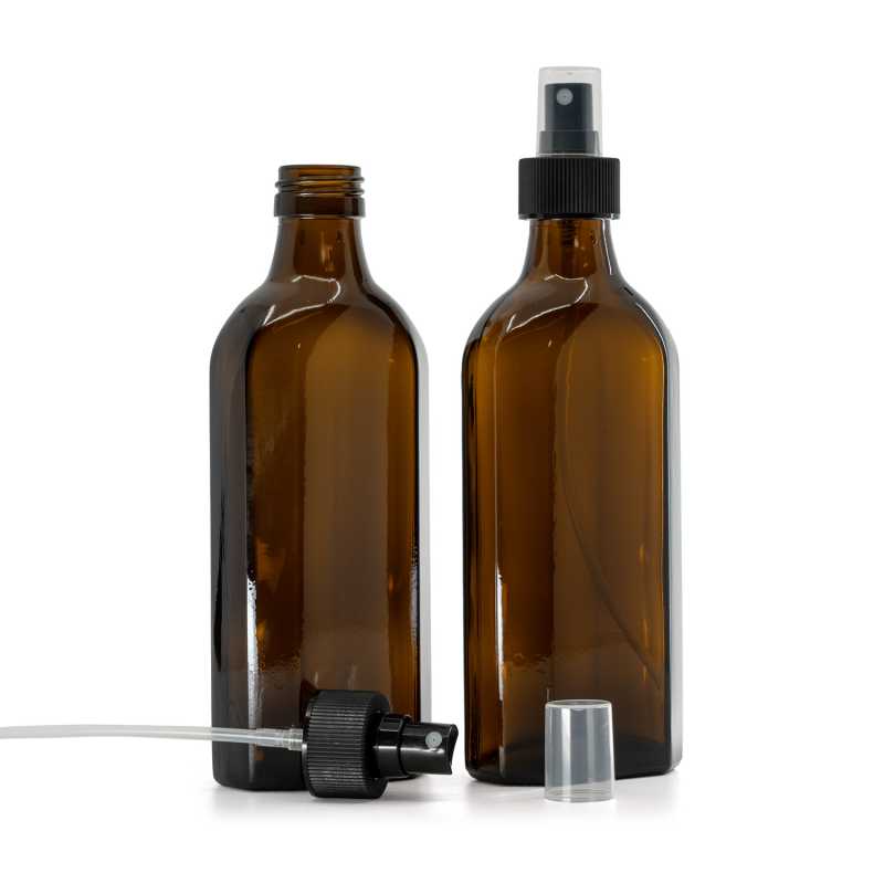 Braune Medizin-Glasflasche, rechteckig, PP28S, schwarzer Sprühzerstäuber, gerillter Ring, 250 ml