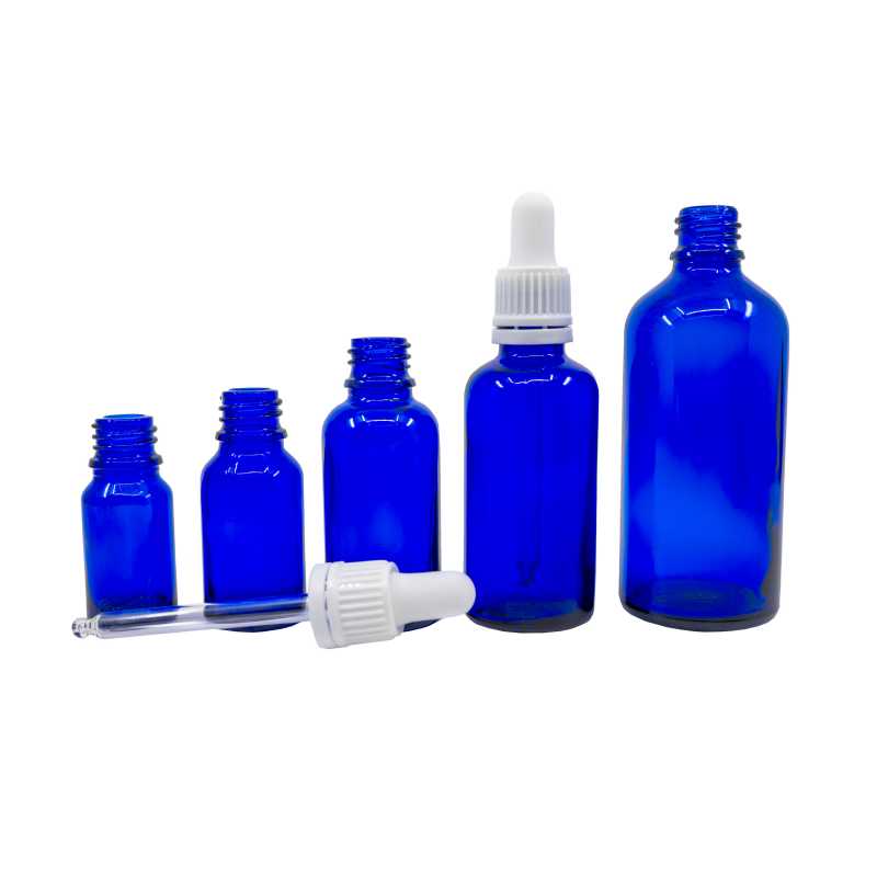 Blaue Glasflasche, weiße Pipette, 30 ml