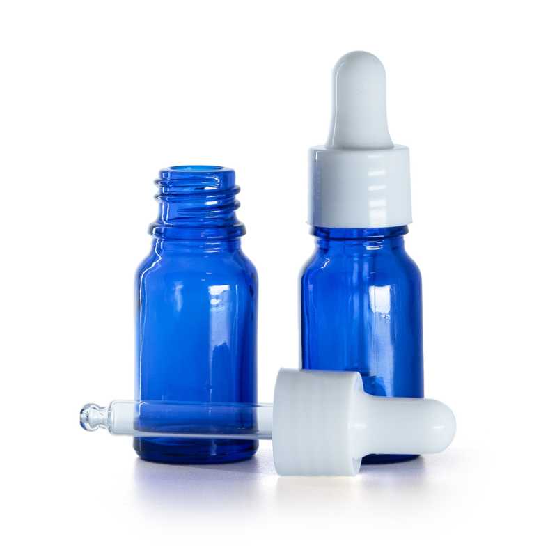 Blaue Glasflasche, glänzender weißer Tropfenzähler, 10 ml