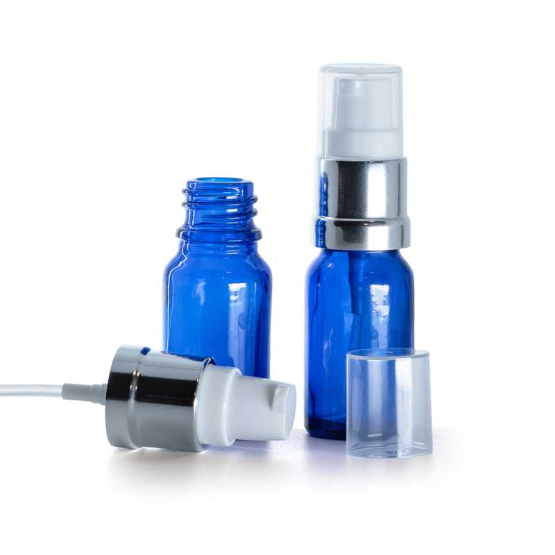 Blaue Glasflasche, glänzende silberweiße Pumpe, 10 ml