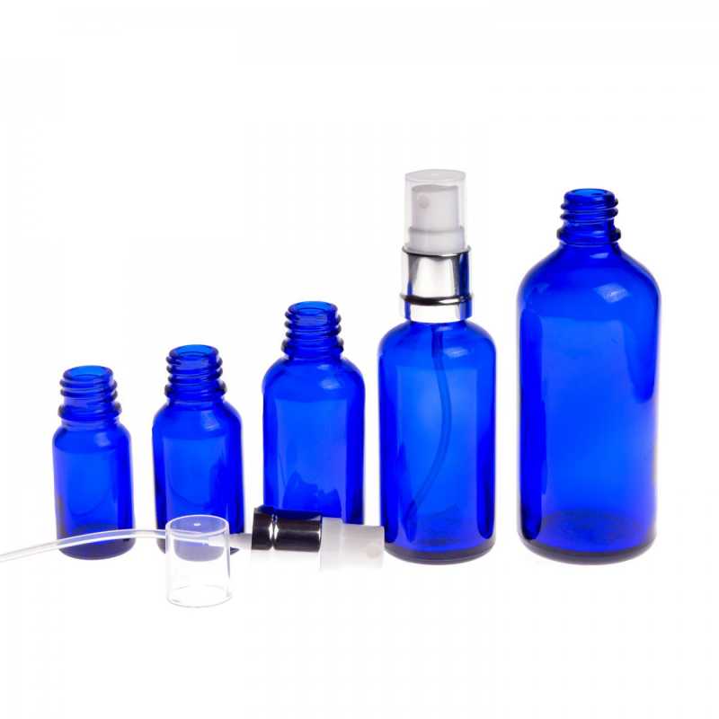Blaue Glasflasche, glänzend silberweißes Spray, 15 ml
