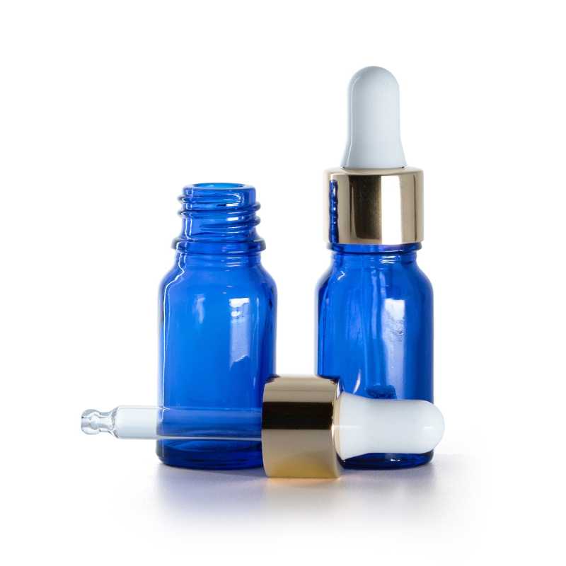 Blaue Glasflasche, gold-weißer Tropfenzähler, 10 ml