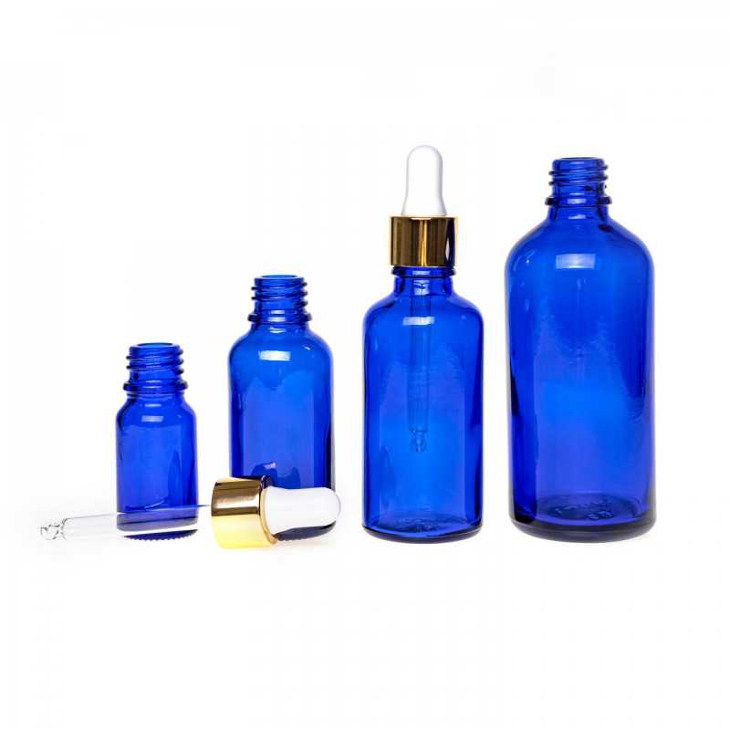 Blaue Glasflasche, gold-weißer Tropfenzähler, 15 ml