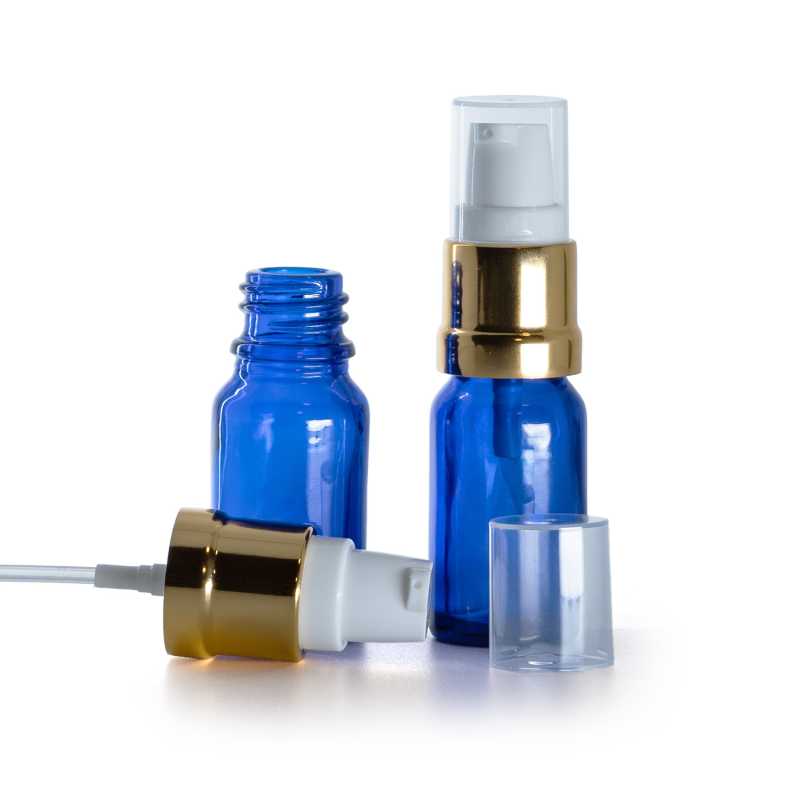 Blaue Glasflasche, glänzende goldweiße Pumpe, 10 ml