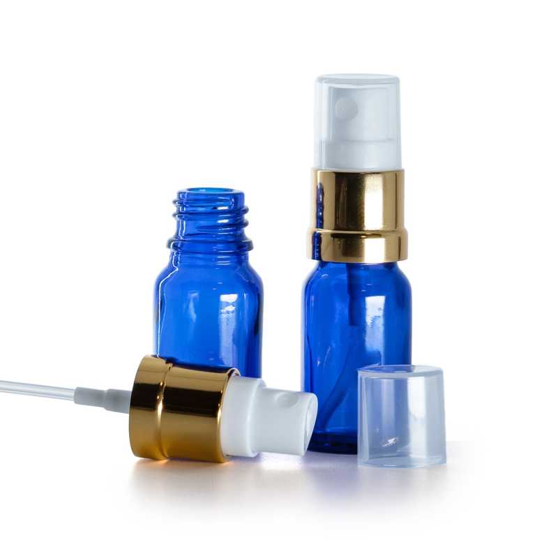 Blaue Glasflasche, glänzend goldweißes Spray, 10 ml