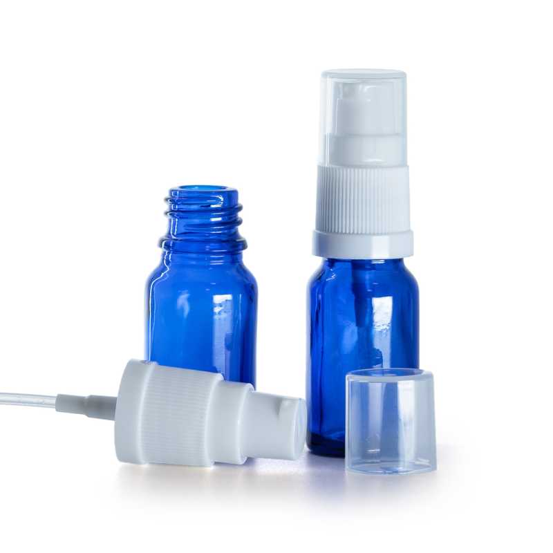 Blaue Glasflasche, weiße Lotionpumpe, 10 ml