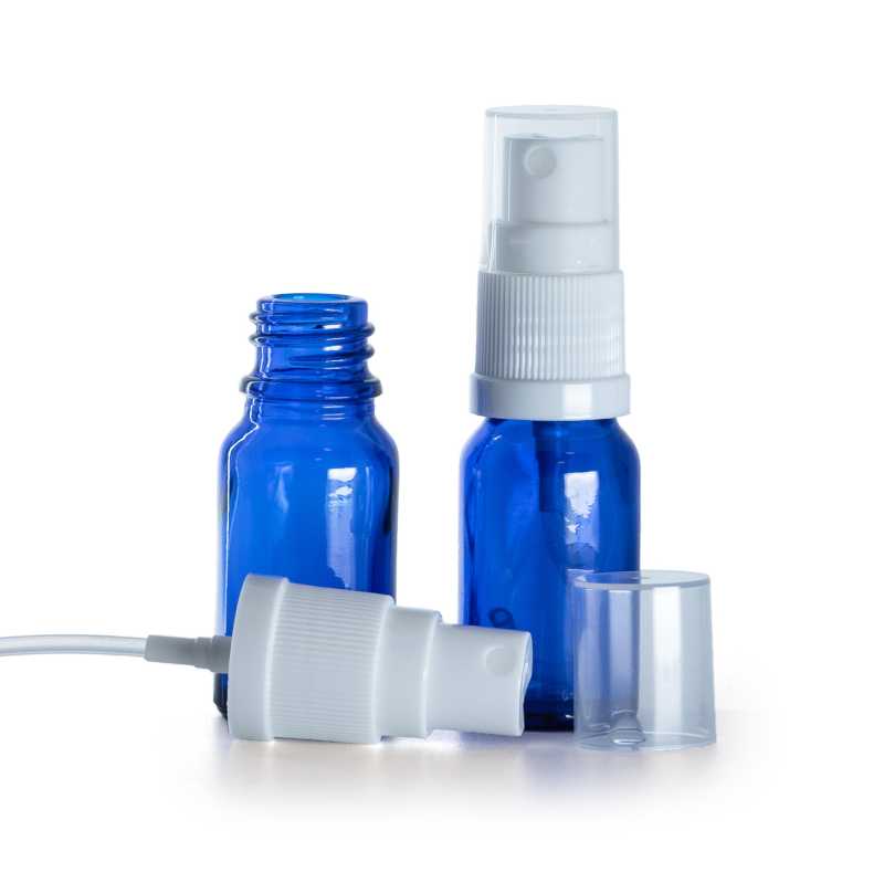 Blaue Glasflasche, weißes Spray, 10 ml