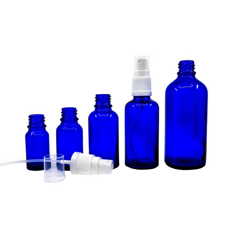 Blaue Glasflasche, weißes Spray, 50 ml