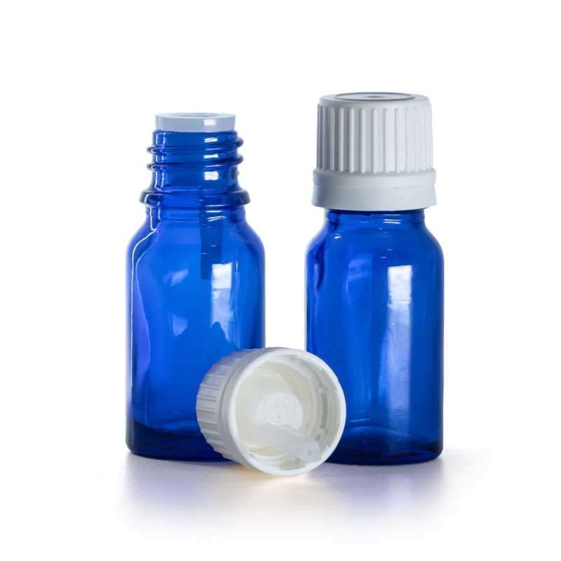 Blaue Glasflasche, weißer Originalitätsverschluss und Tropfer, 10 ml