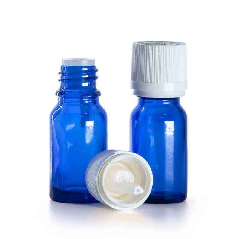 Blaue Glasflasche, weiße Sicherheitsverschlusskappe und Tropfer, 10 ml
