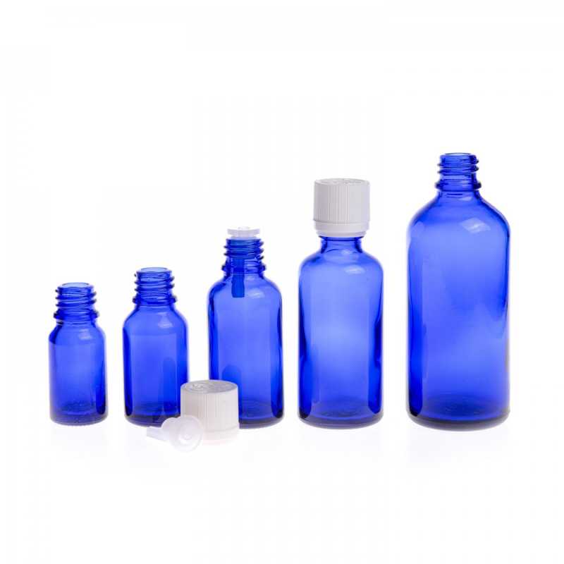 Blaue Glasflasche, weiße Sicherheitsverschlusskappe und Tropfer, 100 ml