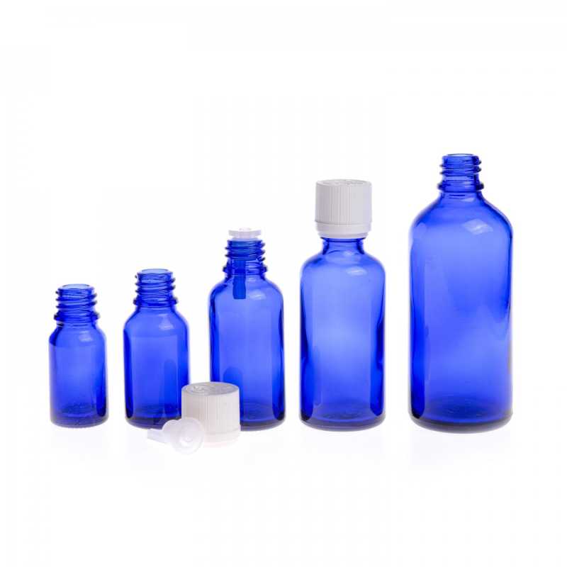 Blaue Glasflasche, weiße Sicherheitsverschlusskappe und Tropfer, 50 ml