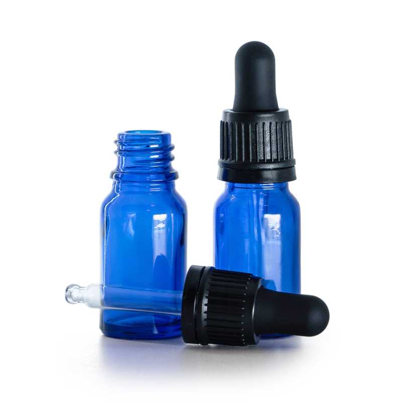 Blaue Glasflasche, schwarzer, manipulationssicherer Tropfer, 10 ml
