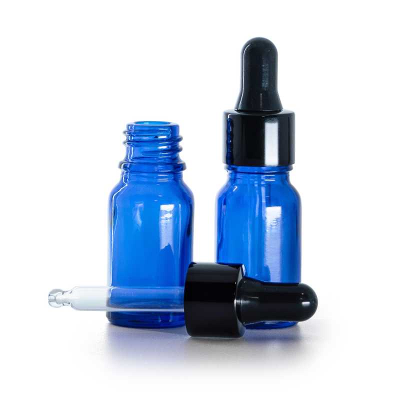 Blaue Glasflasche, schwarz glänzender Tropfenzähler, 10 ml