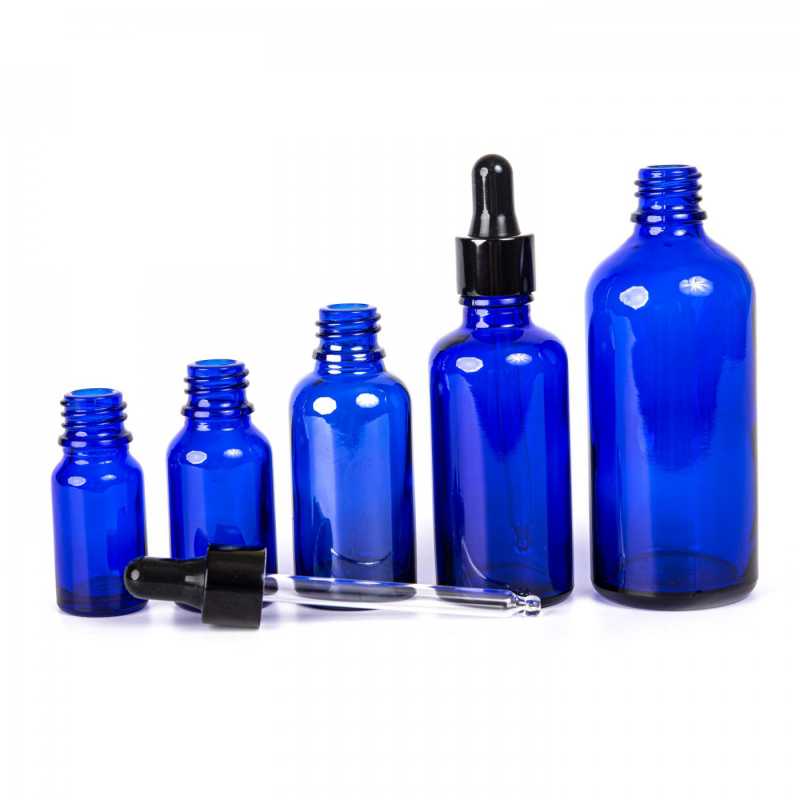 Blaue Glasflasche, glänzender schwarzer Tropfenzähler, 100 ml