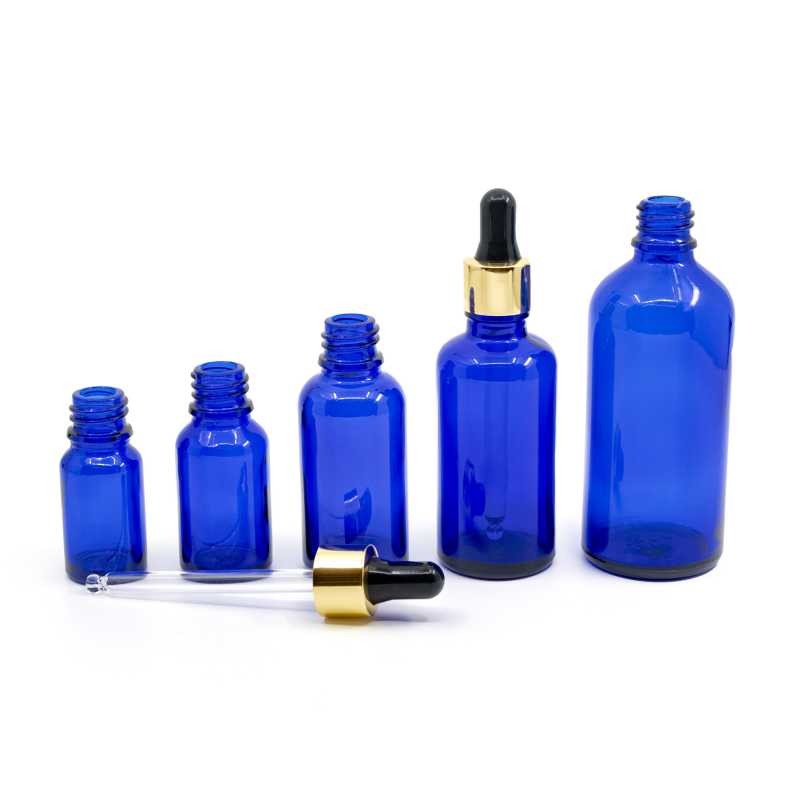 Blaue Glasflasche, gold-schwarzer Tropfenzähler, 30 ml