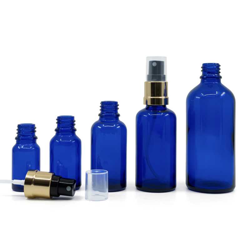 Blaue Glasflasche, glänzend goldschwarzes Spray, 50 ml