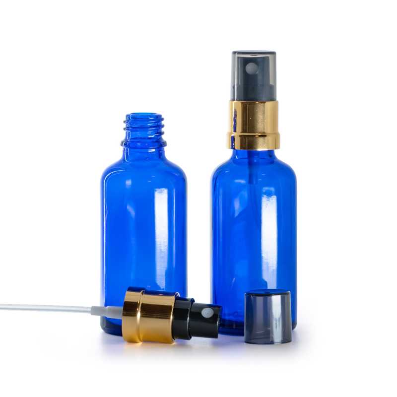 Blaue Glasflasche, Zerstäuber schwarz-gold glänzend, Smokey-Überkappe, 50 ml