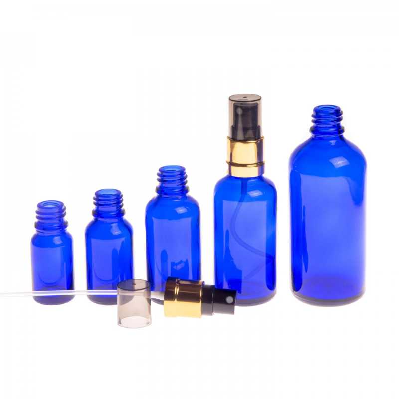 Blaue Glasflasche, gold-schwarzer Glanzsprühnebel, rauchige Überkappe, 100 ml