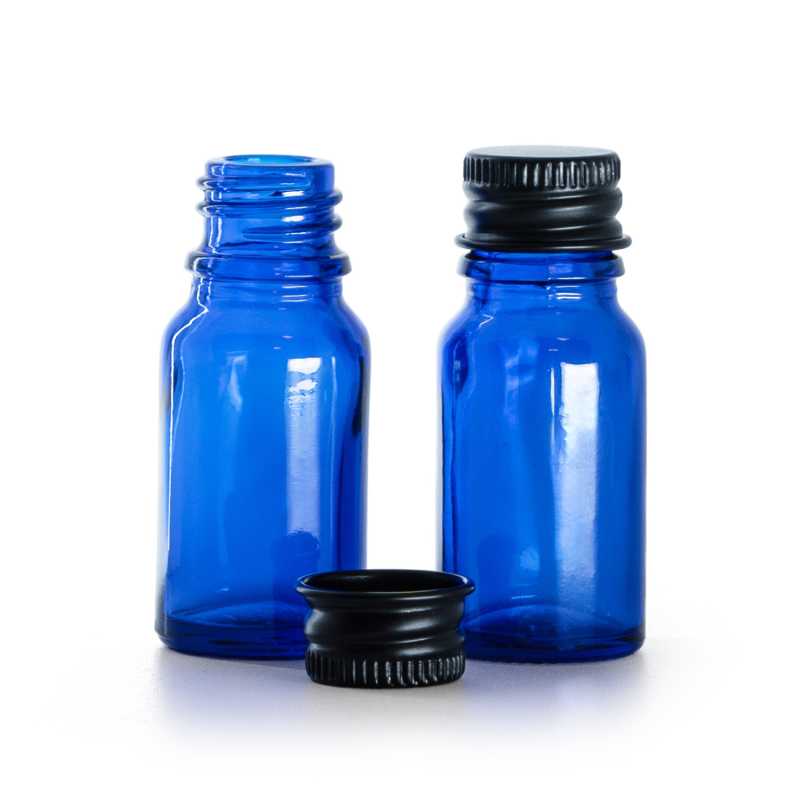 Blaue Glasflasche, schwarzer Aluminiumdeckel, 10 ml