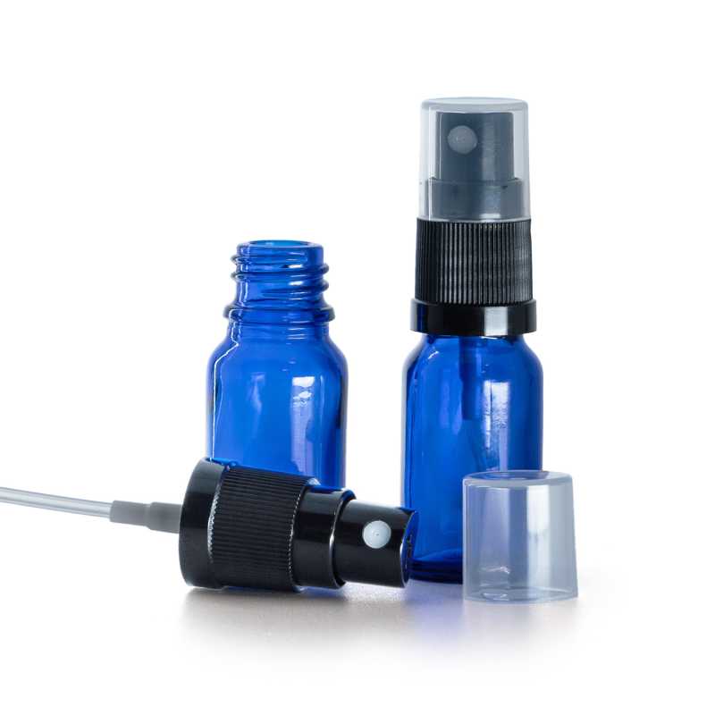 Blaue Glasflasche, schwarzes Spray, 10 ml