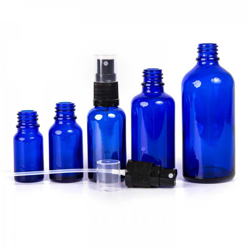 Blaue Glasflasche, schwarzes Spray, 30 ml