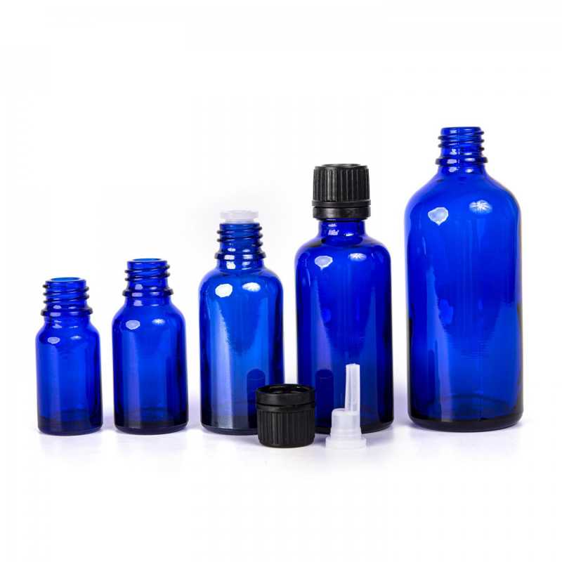 Blaue Glasflasche, schwarze Kappe und Tropfer 15 ml