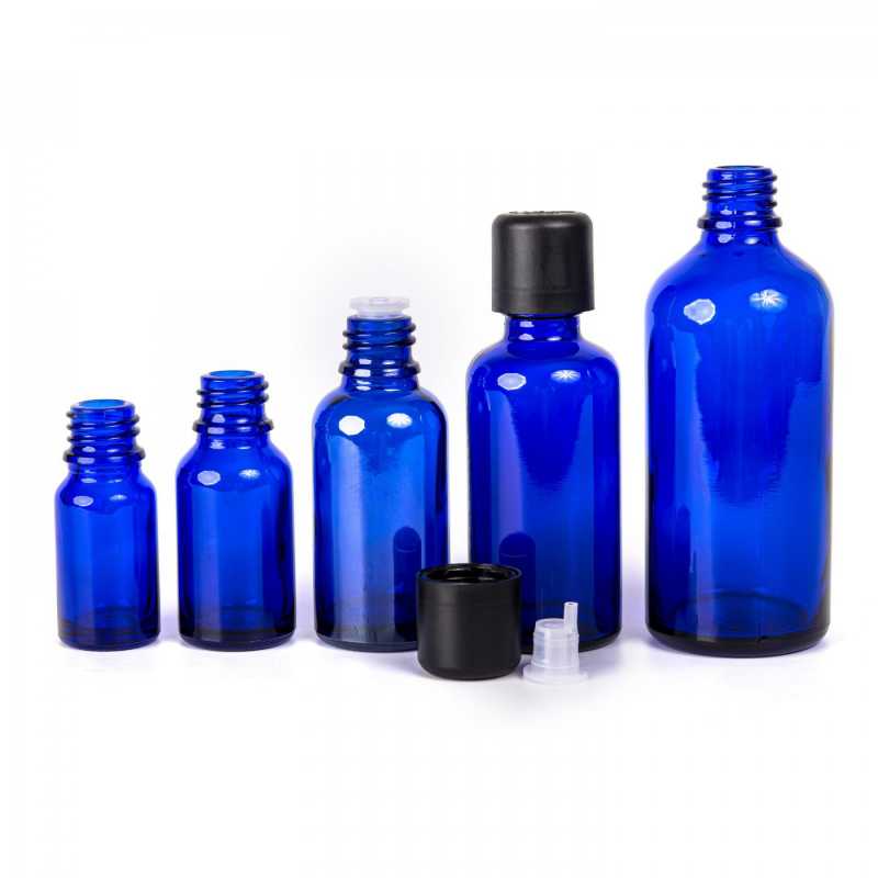 Blaue Glasflasche, schwarze Sicherheitsverschlusskappe und Tropfer 10 ml