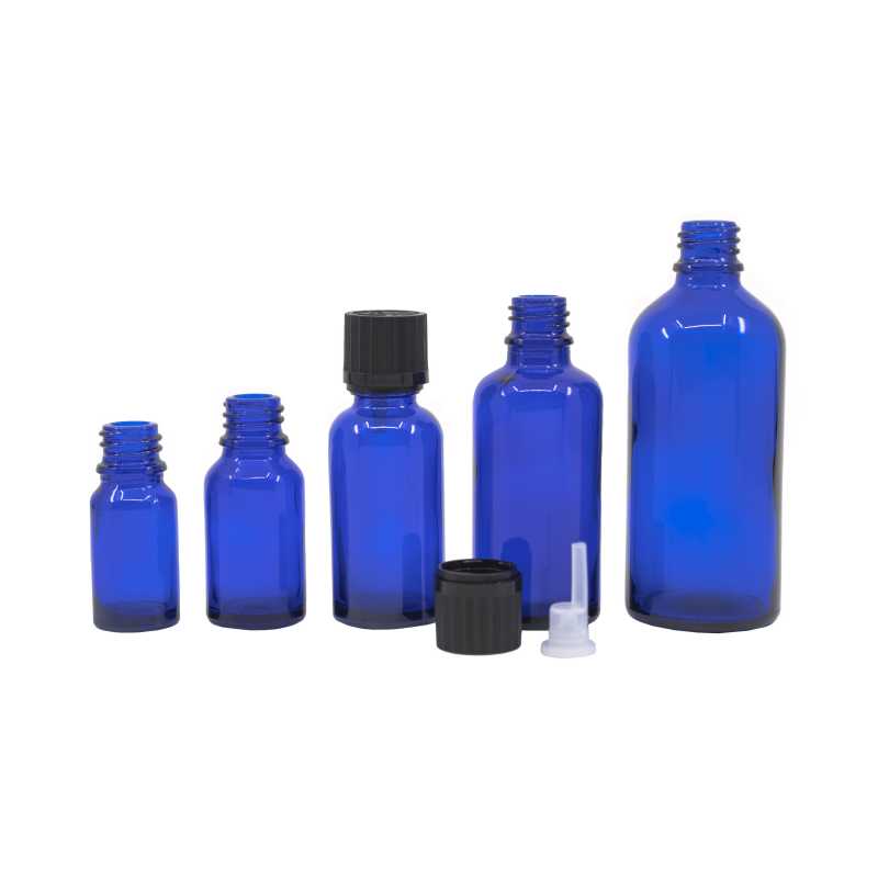 Blaue Glasflasche, schwarze Sicherheitskappe und Tropfer 30 ml