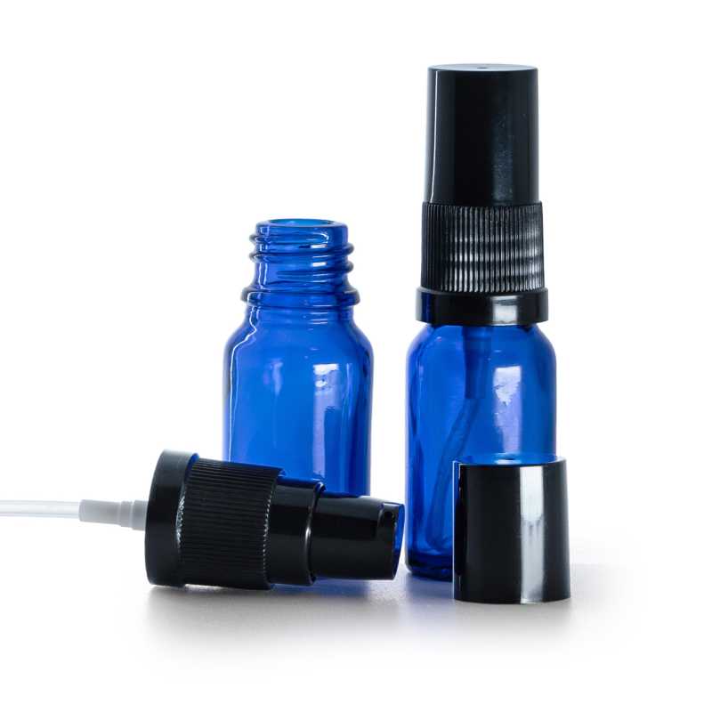 Blaue Glasflasche, schwarze Lotionpumpe mit schwarzer Kappe, 10 ml