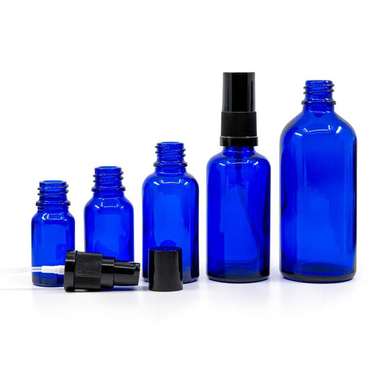 Blaue Glasflasche, schwarze Lotionpumpe mit schwarzer Kappe, 30 ml
