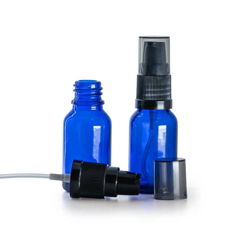 Blaue Glasflasche, Lotionpumpe mit rauchfarbener Kappe, 15 ml