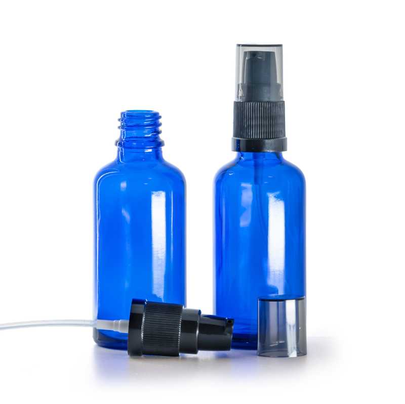 Blaues Glasfläschchen, Cremespender mit rauchfarbener Überkappe, 50 ml