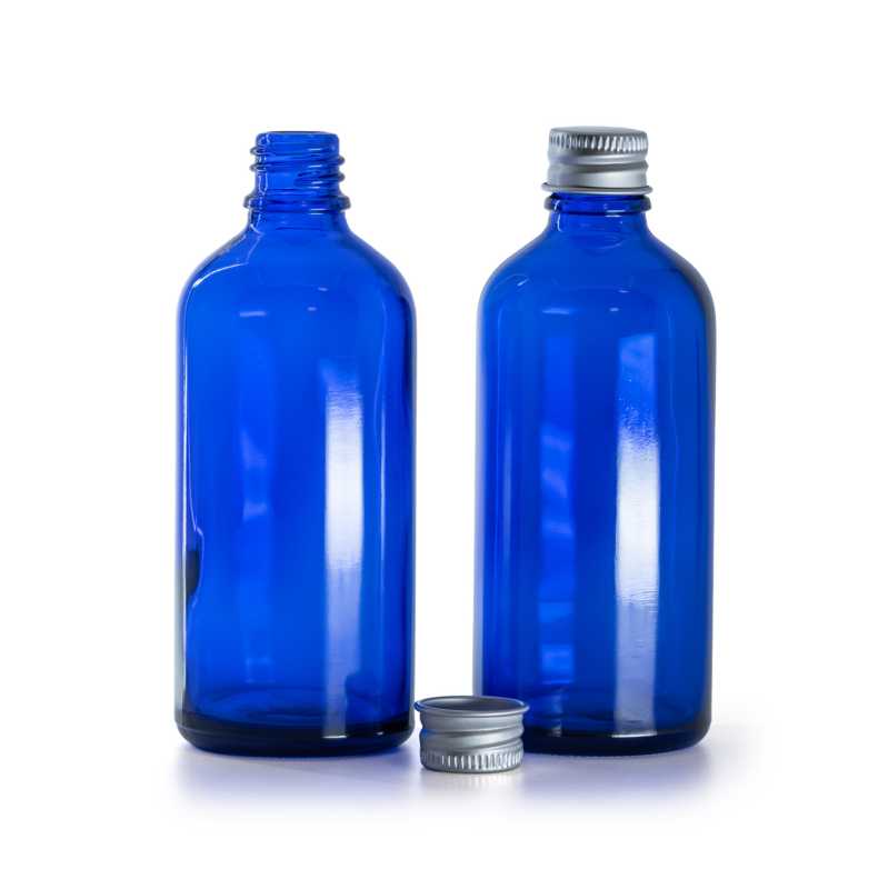 Blaues Glasfläschchen, Aluminiumverschluss, 100 ml