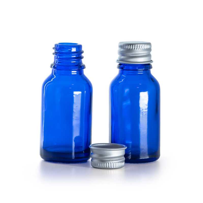Blaues Glasfläschchen, Aluminiumverschluss, 15 ml