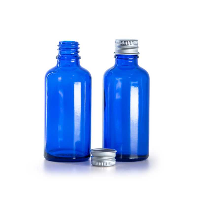 Blaues Glasfläschchen, Aluminiumverschluss, 50 ml