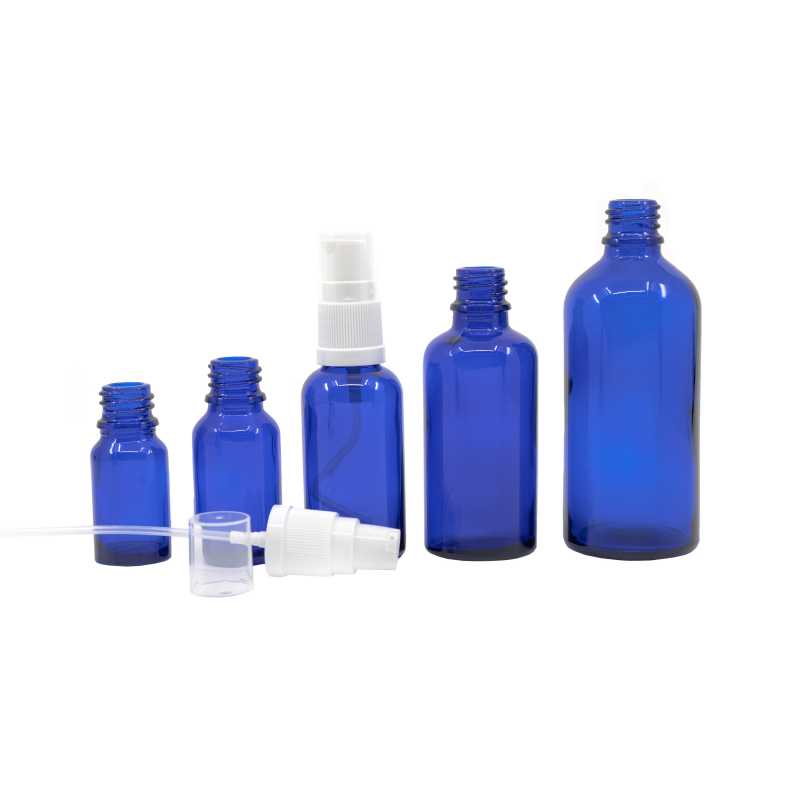 Blaue Glasflasche, weiße Lotionpumpe, 100 ml