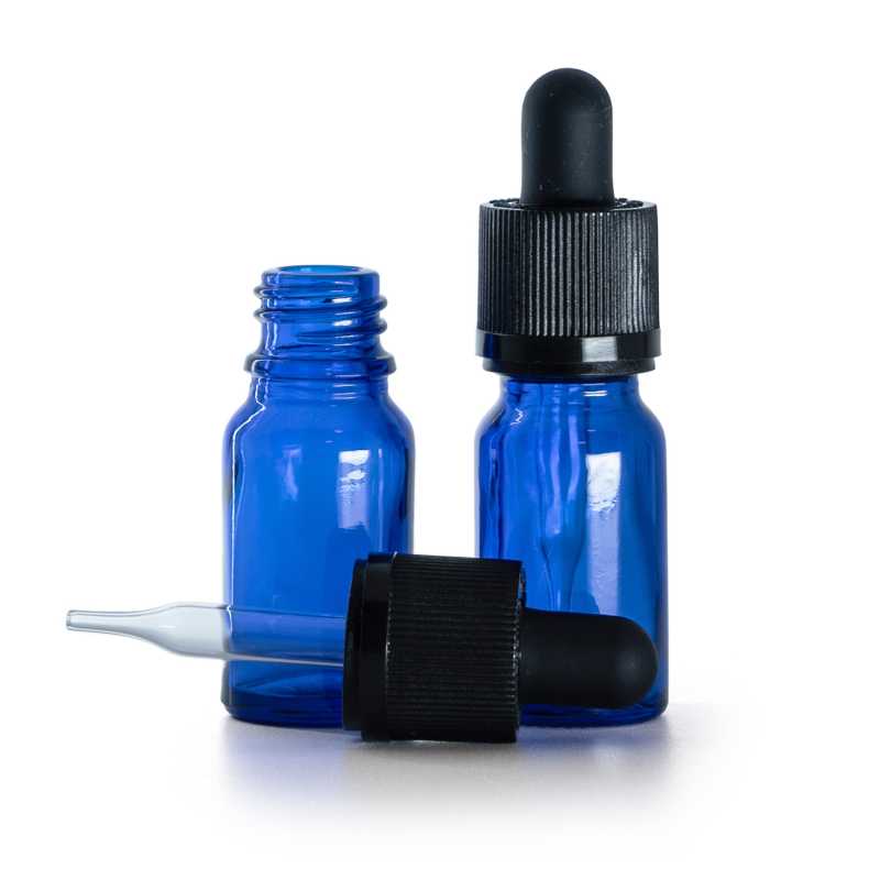 Blaue Glasflasche, schwarzer Sicherheitstropfer mit Manipulationssicherung, 10 ml