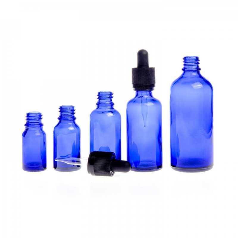 Blaue Glasflasche, schwarzer Sicherheitstropfer mit Manipulationssicherung, 30 ml