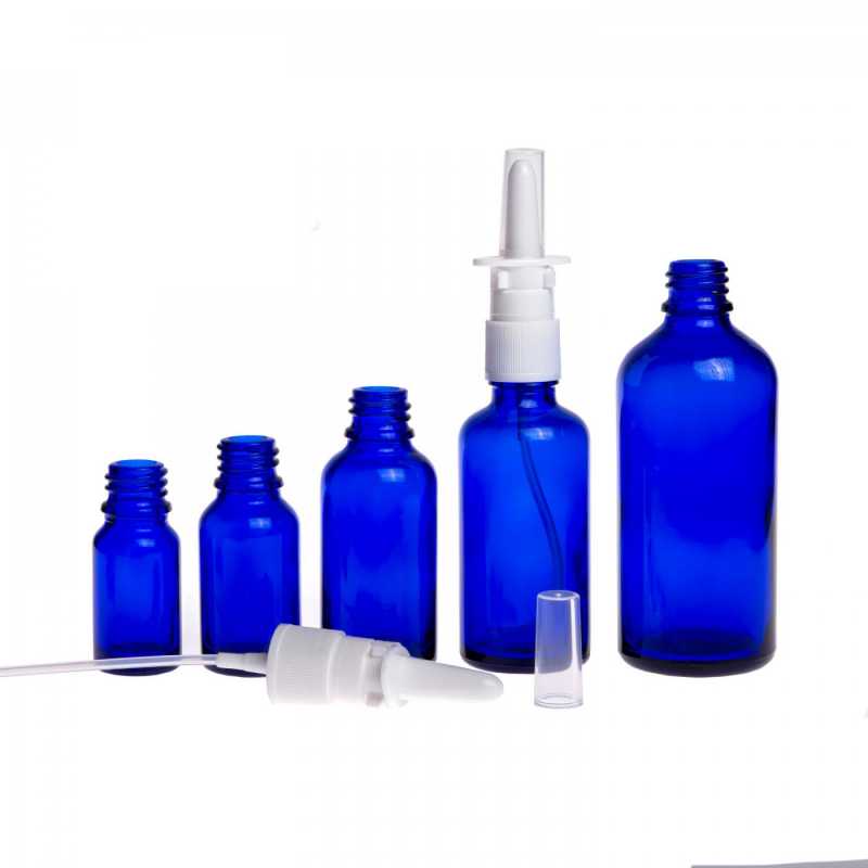 Blaue Glasflasche, weißes Nasenspray, 30 ml
