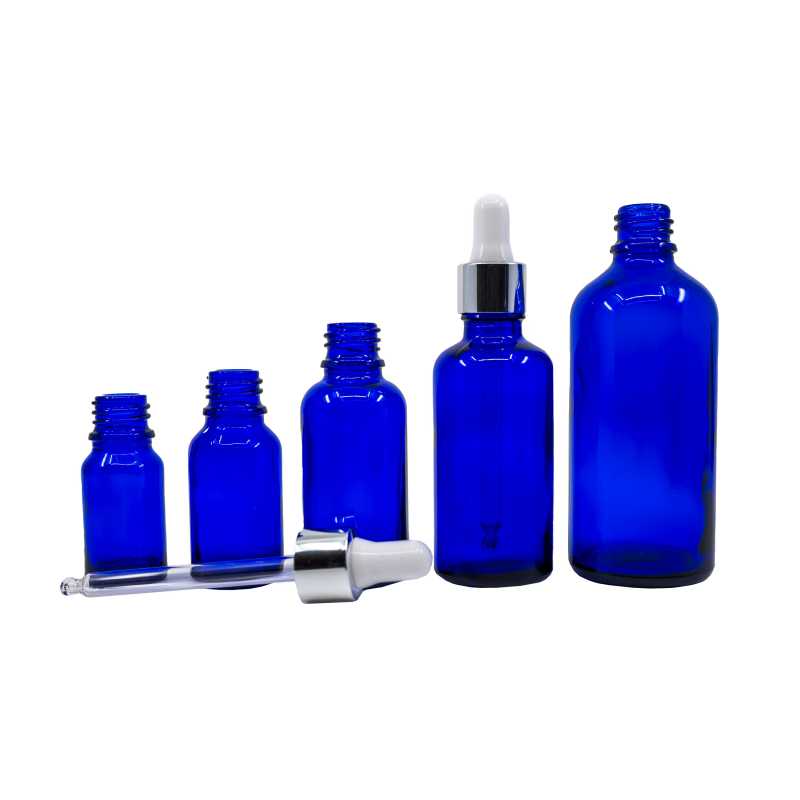 Blaue Glasflasche, glänzender silberner Tropfer, 30 ml