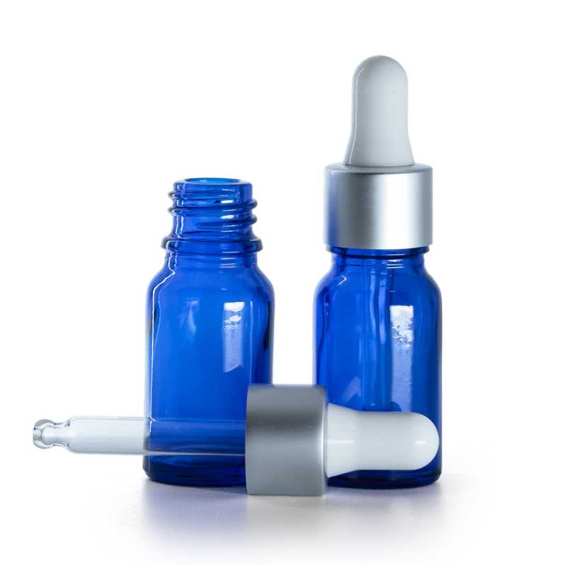 Blaue Glasflasche, mattsilberne Pipette, 10 ml