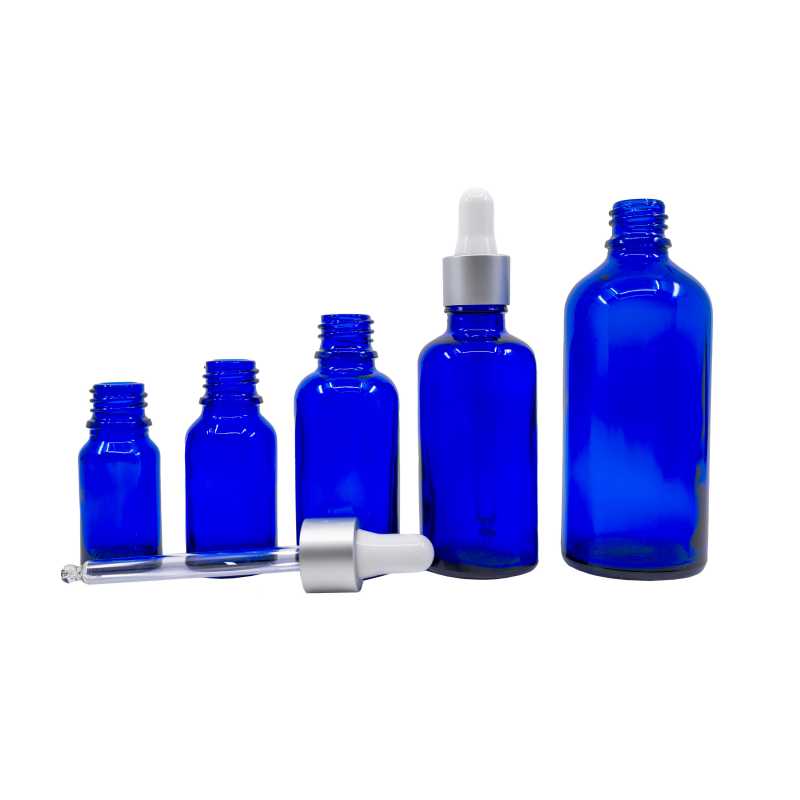 Blaue Glasflasche, mattsilberne Pipette, 30 ml