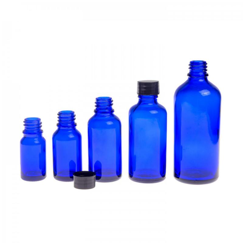 Blaue Glasflasche, schwarzer Verschluss, 100 ml