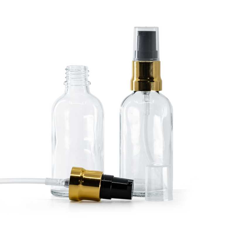 Klarglasflasche, glänzende gold-schwarze Pumpe mit klarer Überkappe, 50 ml