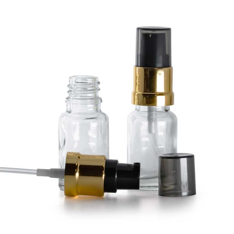 Glasfläschchen, transparent, schwarz-goldene glänzende Pumpe mit rauchfarbener Überkappe, 10 ml